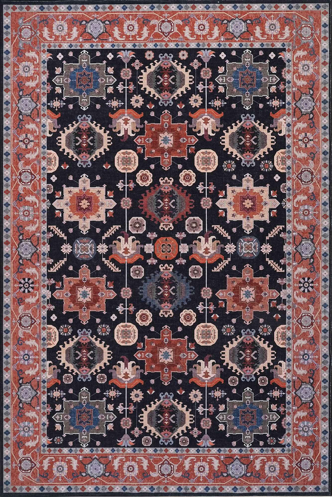 Black Orange Vintage Floral Rug - The Rug Market