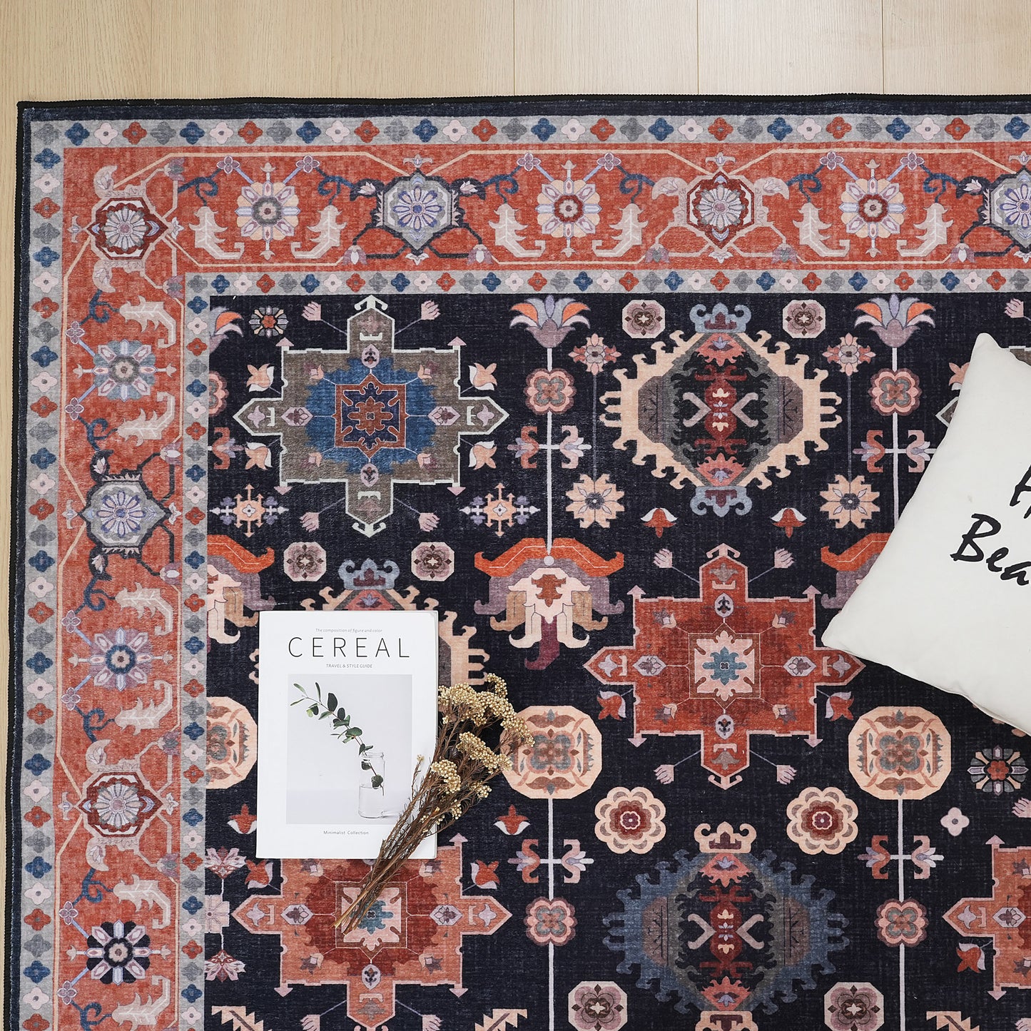 Black Orange Vintage Floral Rug