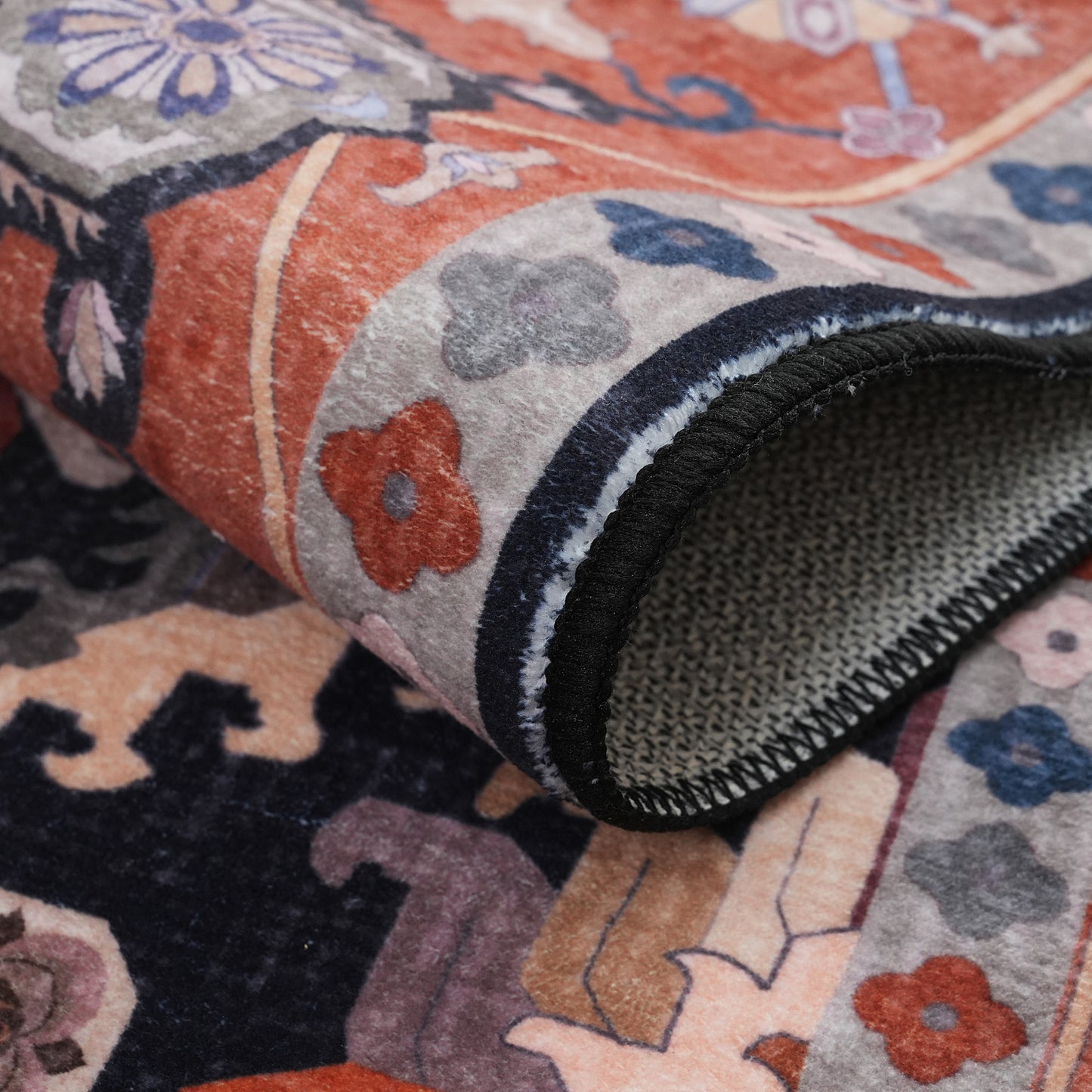 Black Orange Vintage Floral Rug