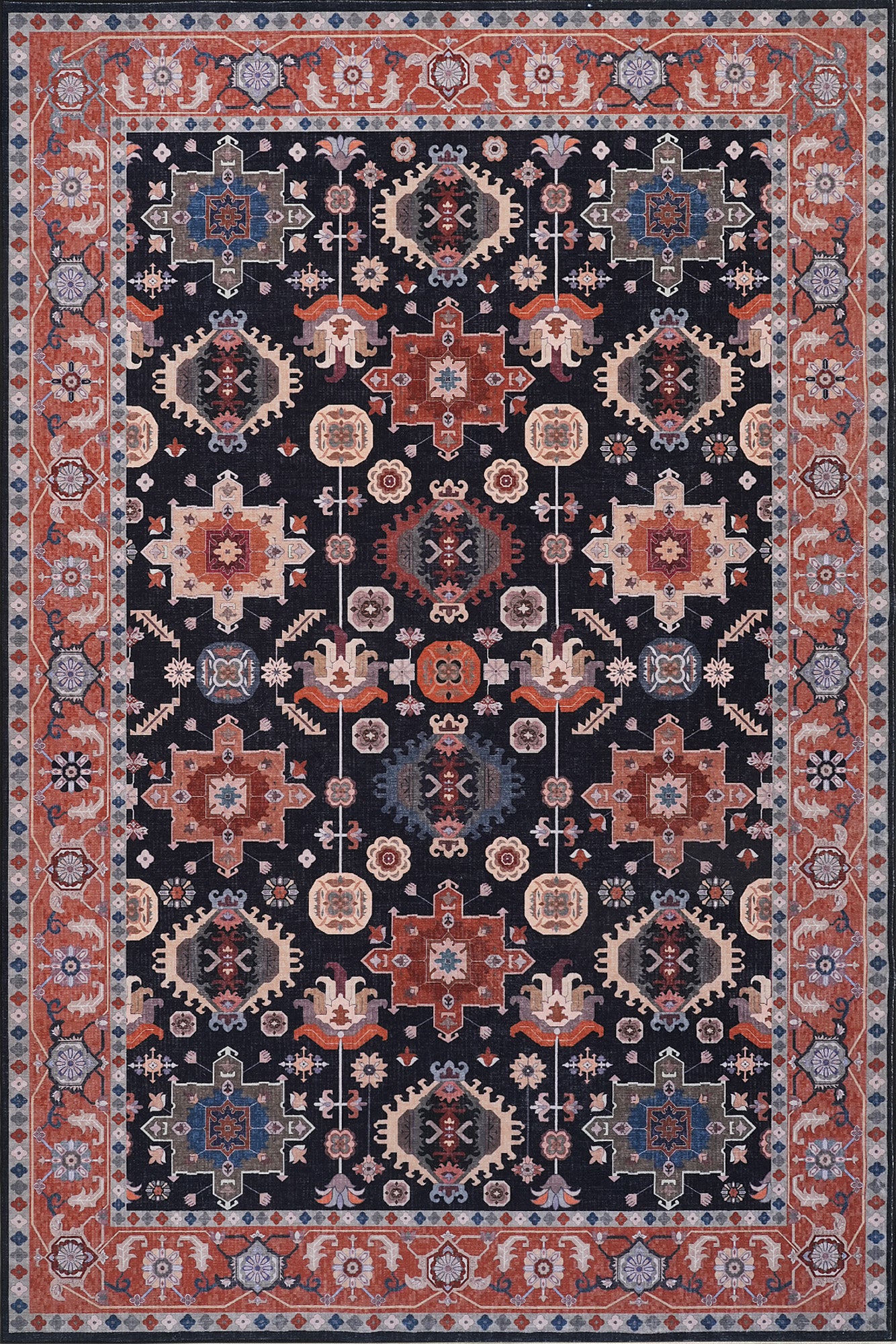 Black Orange Vintage Floral Rug
