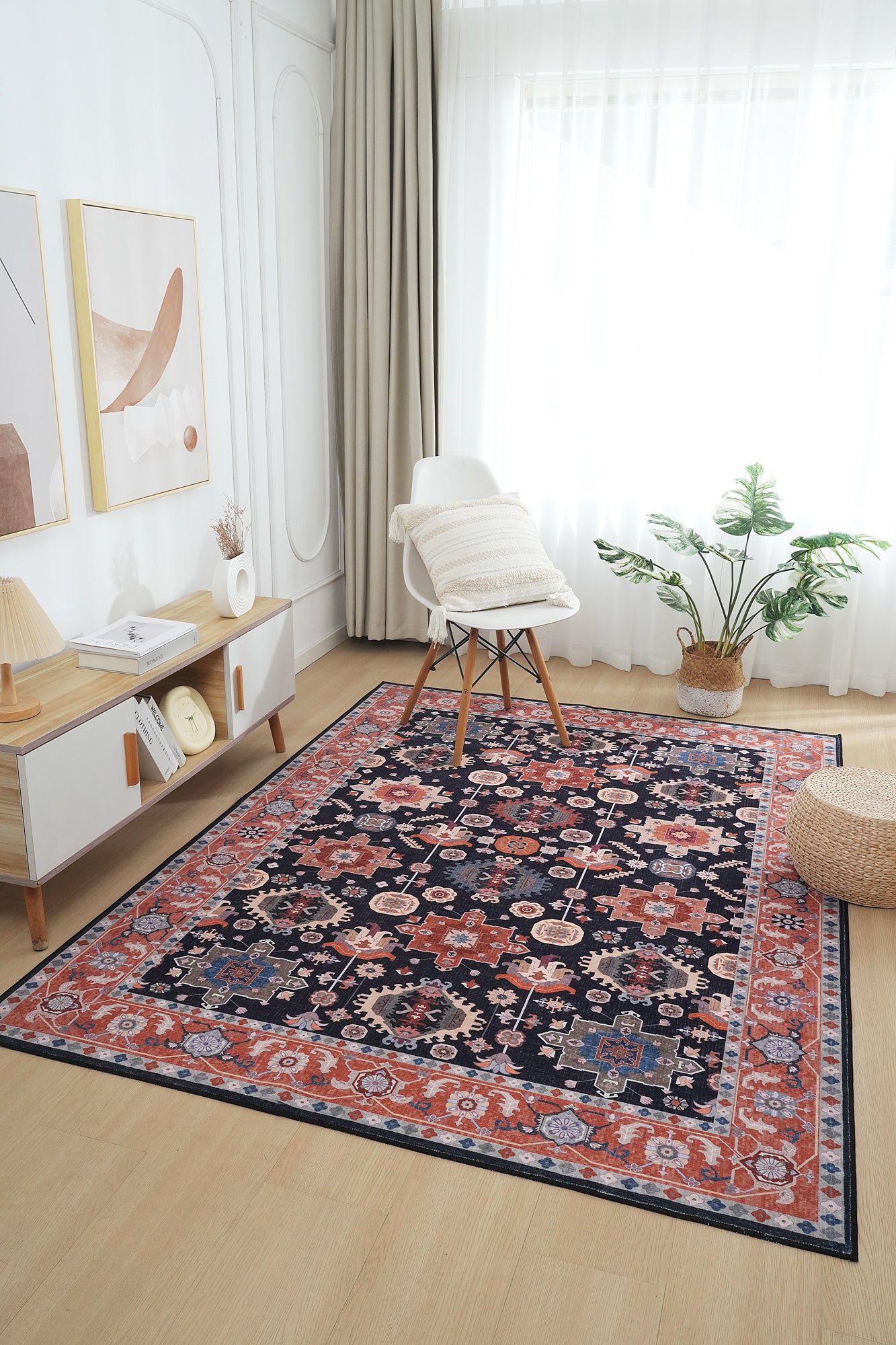 Black Orange Vintage Floral Rug