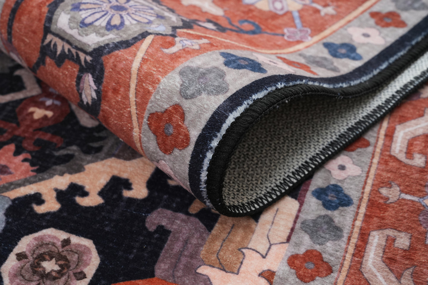 Black Orange Vintage Floral Rug