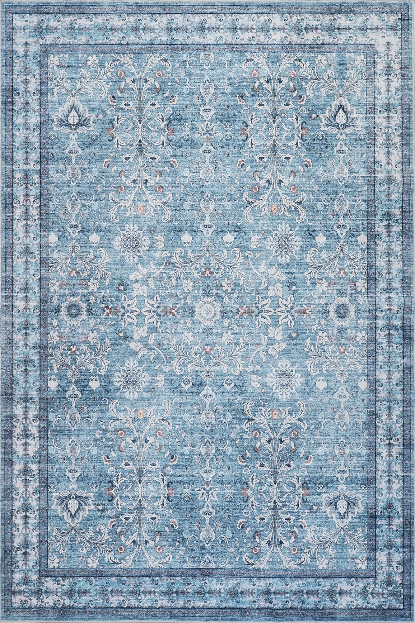 Cyan Blue Vintage Oriental Floral Rug