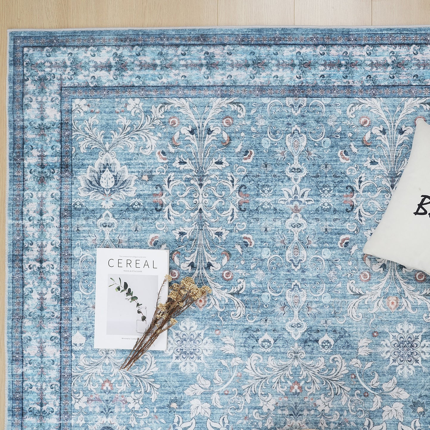 Cyan Blue Vintage Oriental Floral Rug