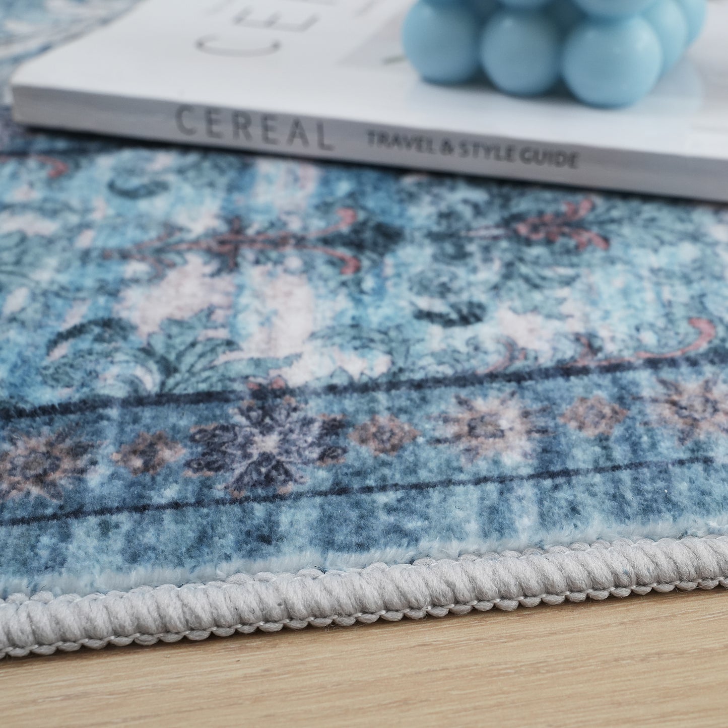 Cyan Blue Vintage Oriental Floral Rug