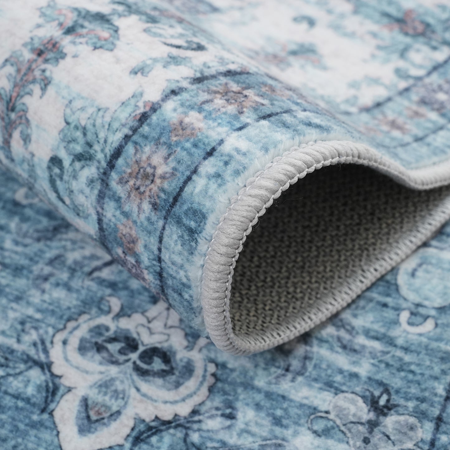 Cyan Blue Vintage Oriental Floral Rug