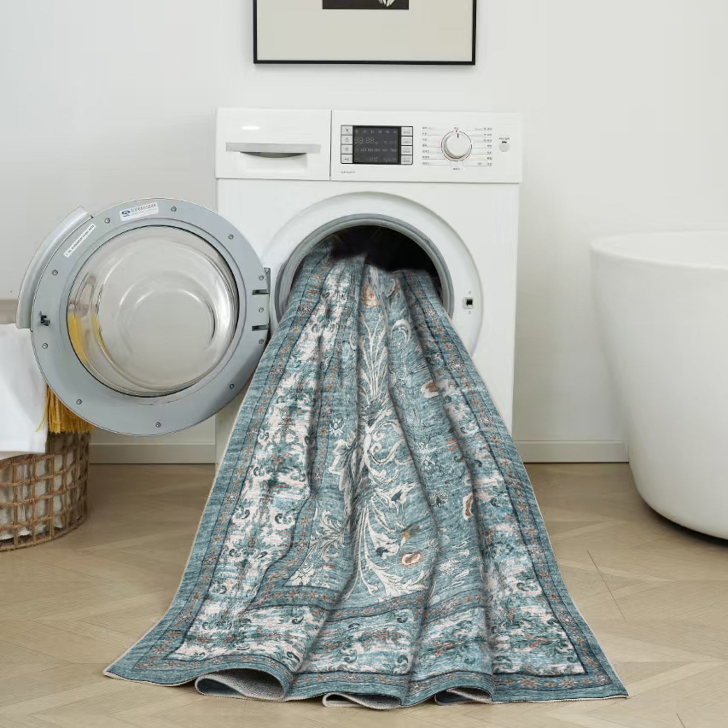 Cyan Blue Vintage Oriental Floral Rug