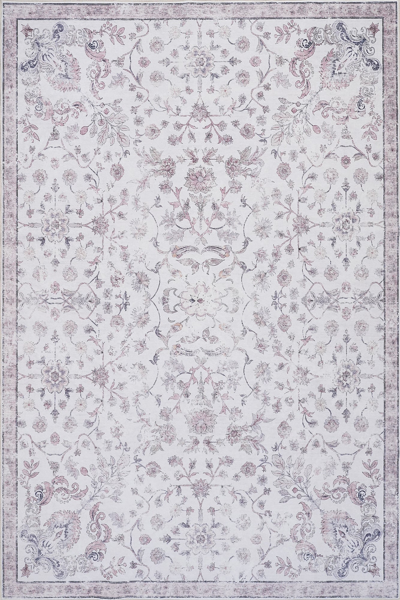 Cream Pink Vintage Oriental Floral Rug