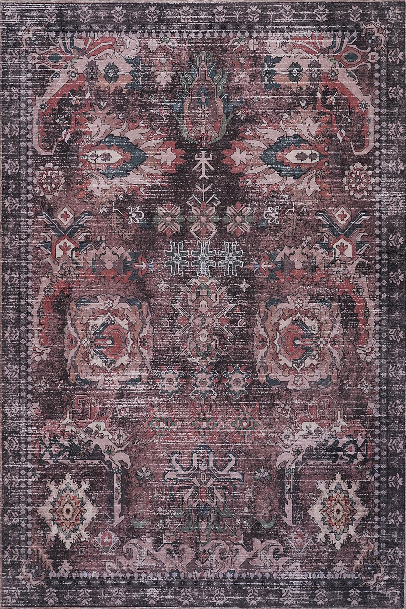 Green Brown Vintage Abstract Floral Rug
