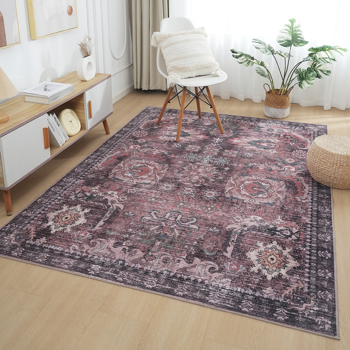 Green Brown Vintage Abstract Floral Rug