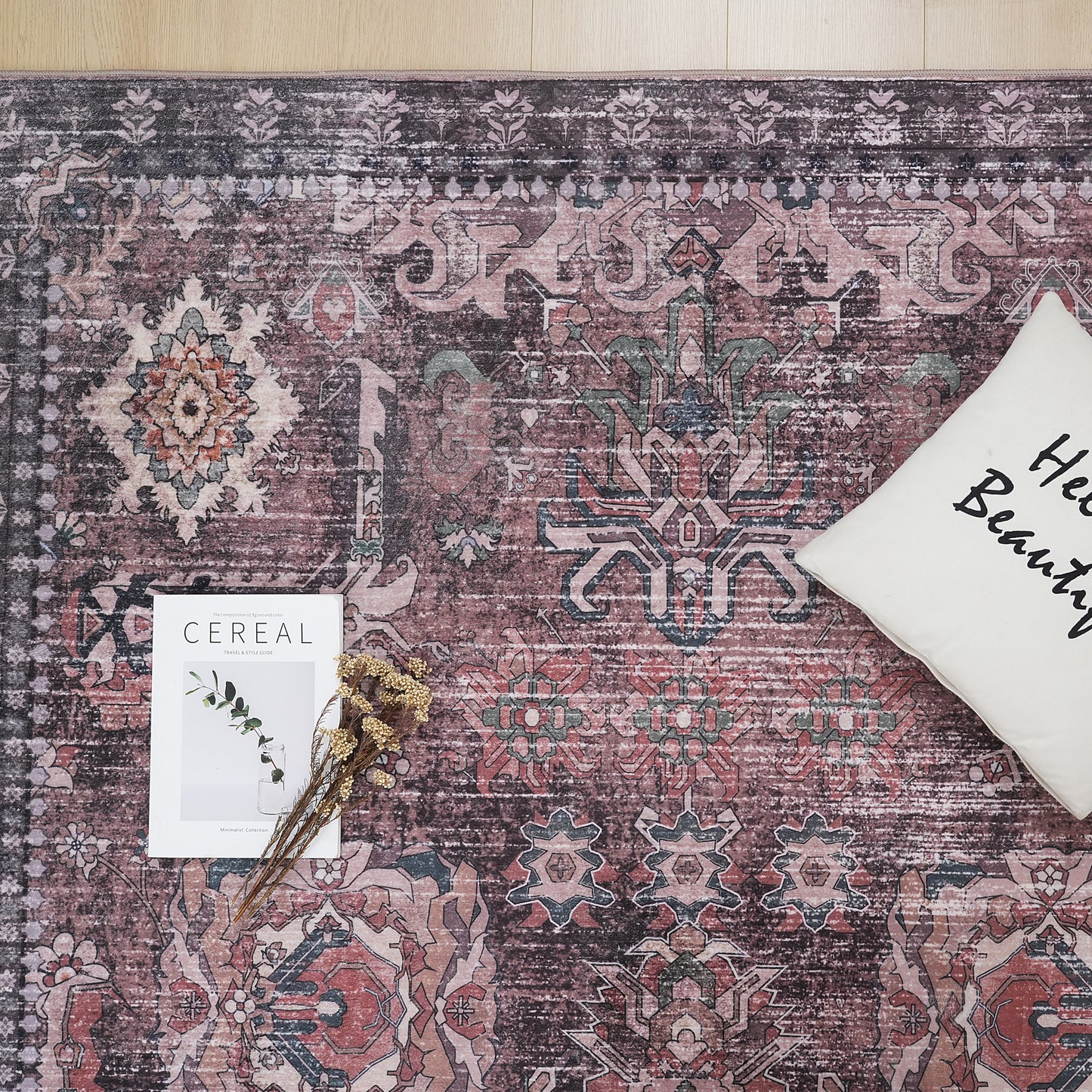 Green Brown Vintage Abstract Floral Rug