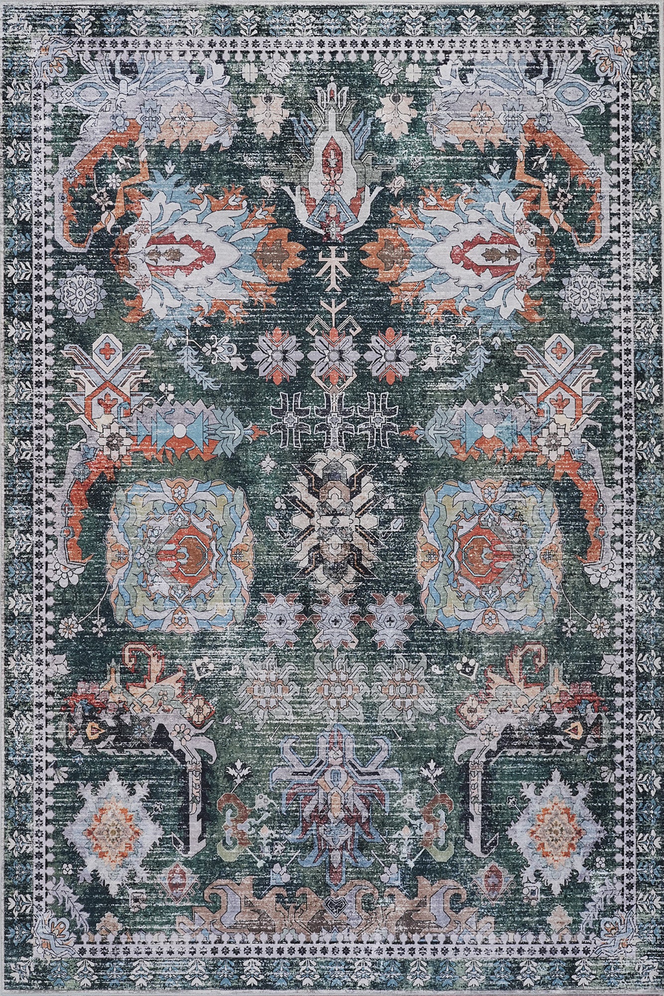 Green Orange Vintage Abstract Floral Rug