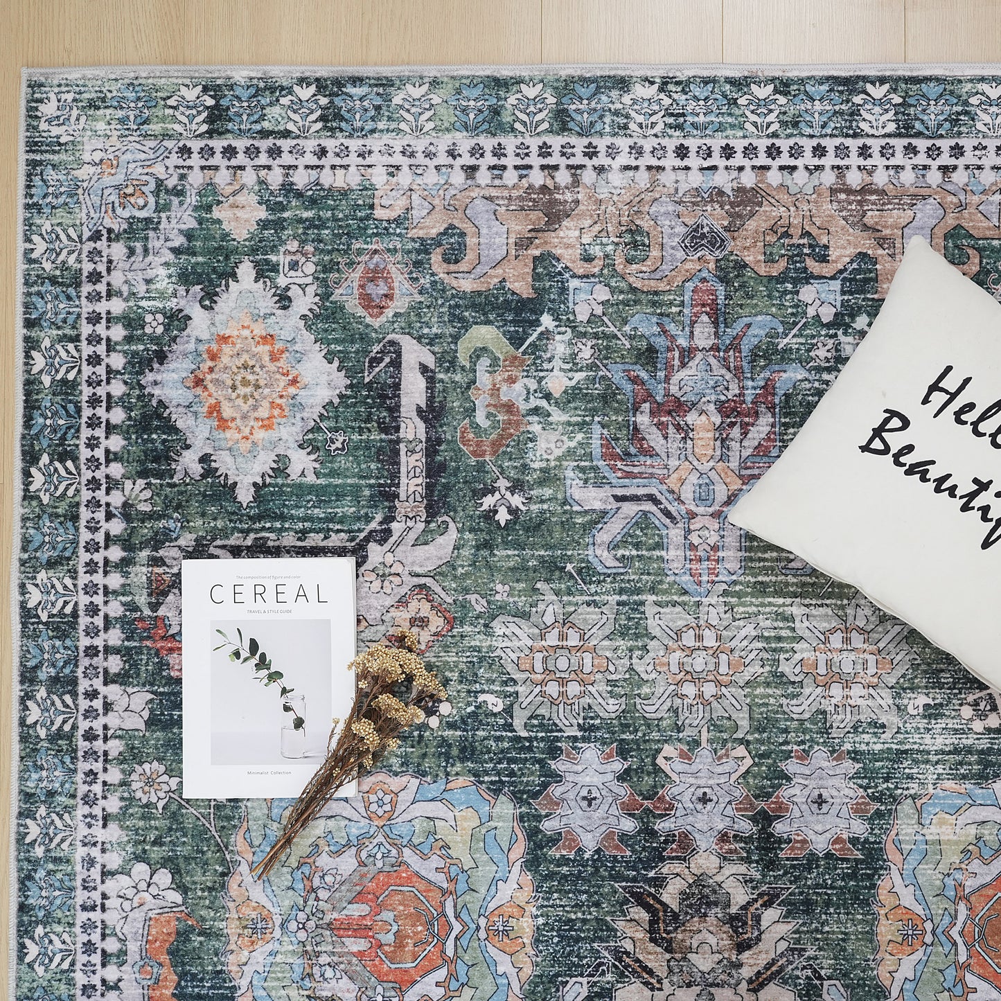 Green Orange Vintage Abstract Floral Rug