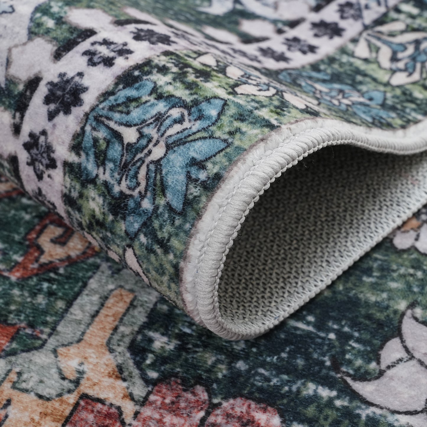 Green Orange Vintage Abstract Floral Rug