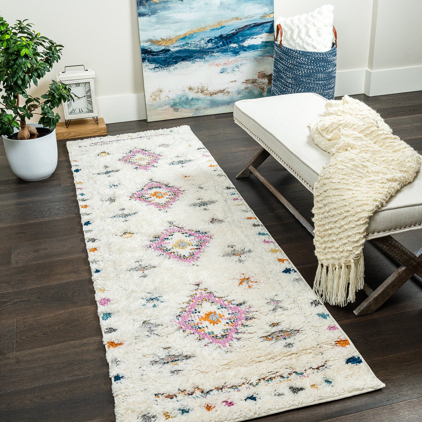 Off-White Multicolor Diamond Contemporary Shag Rug