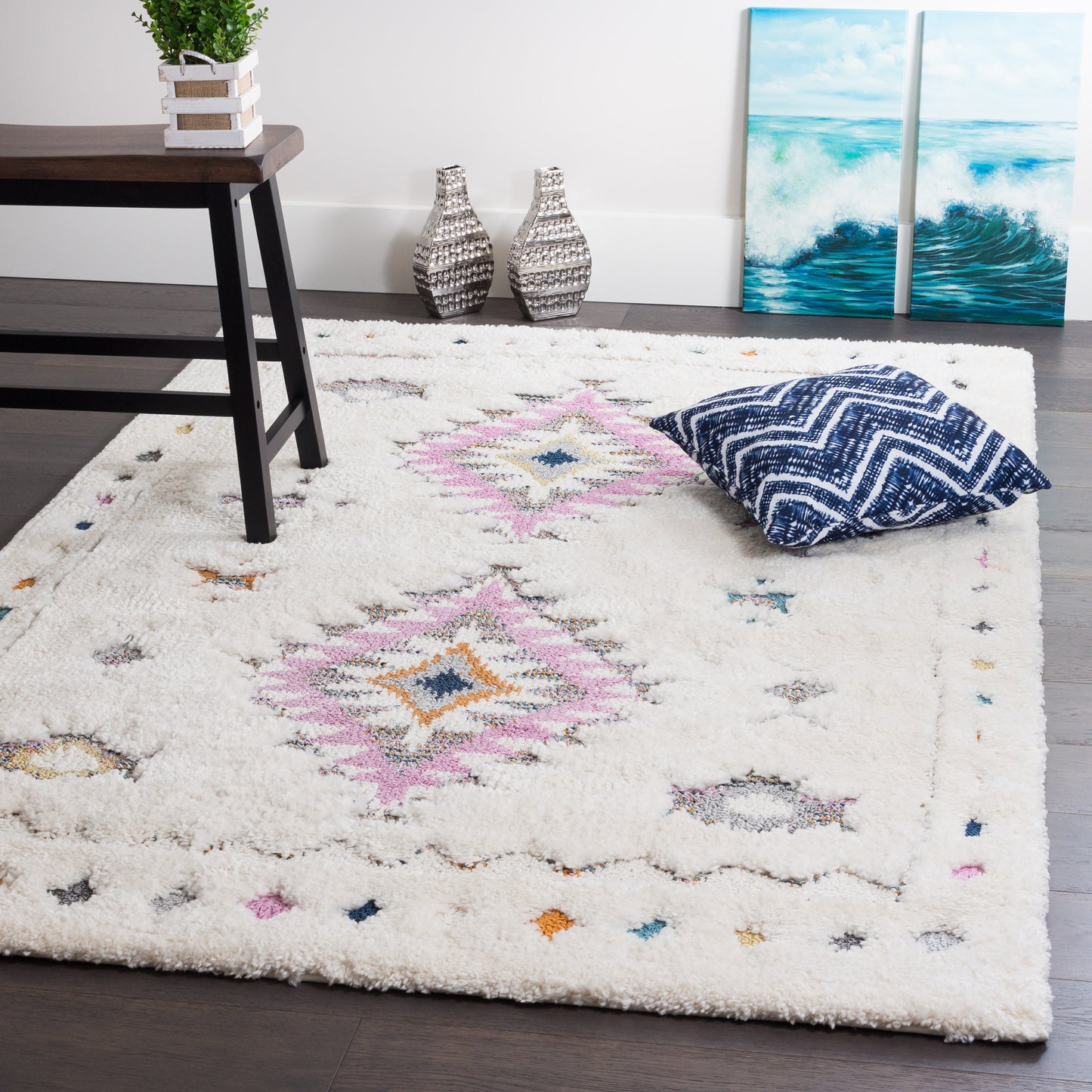Off-White Multicolor Diamond Contemporary Shag Rug