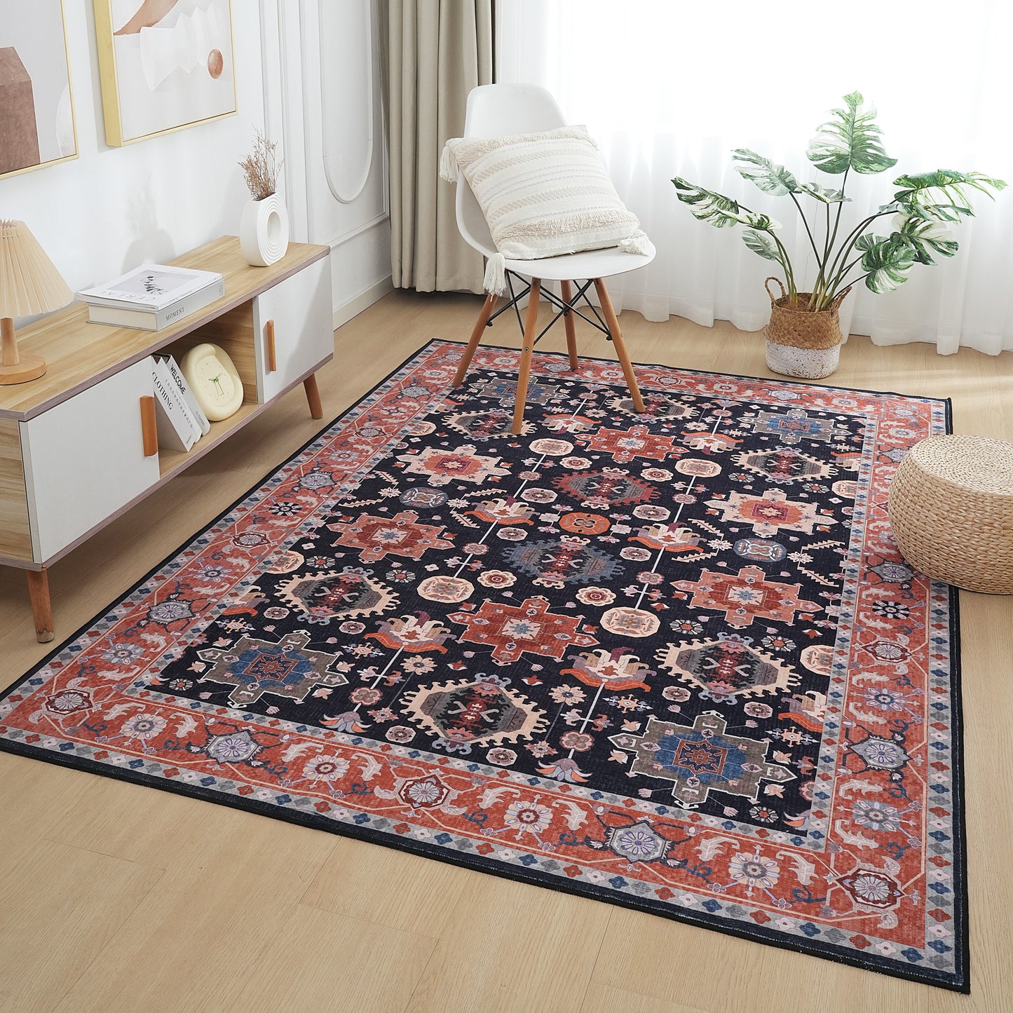 Black Orange Vintage Floral Rug
