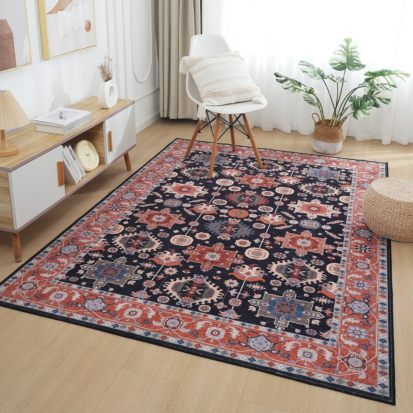 Black Orange Vintage Floral Rug
