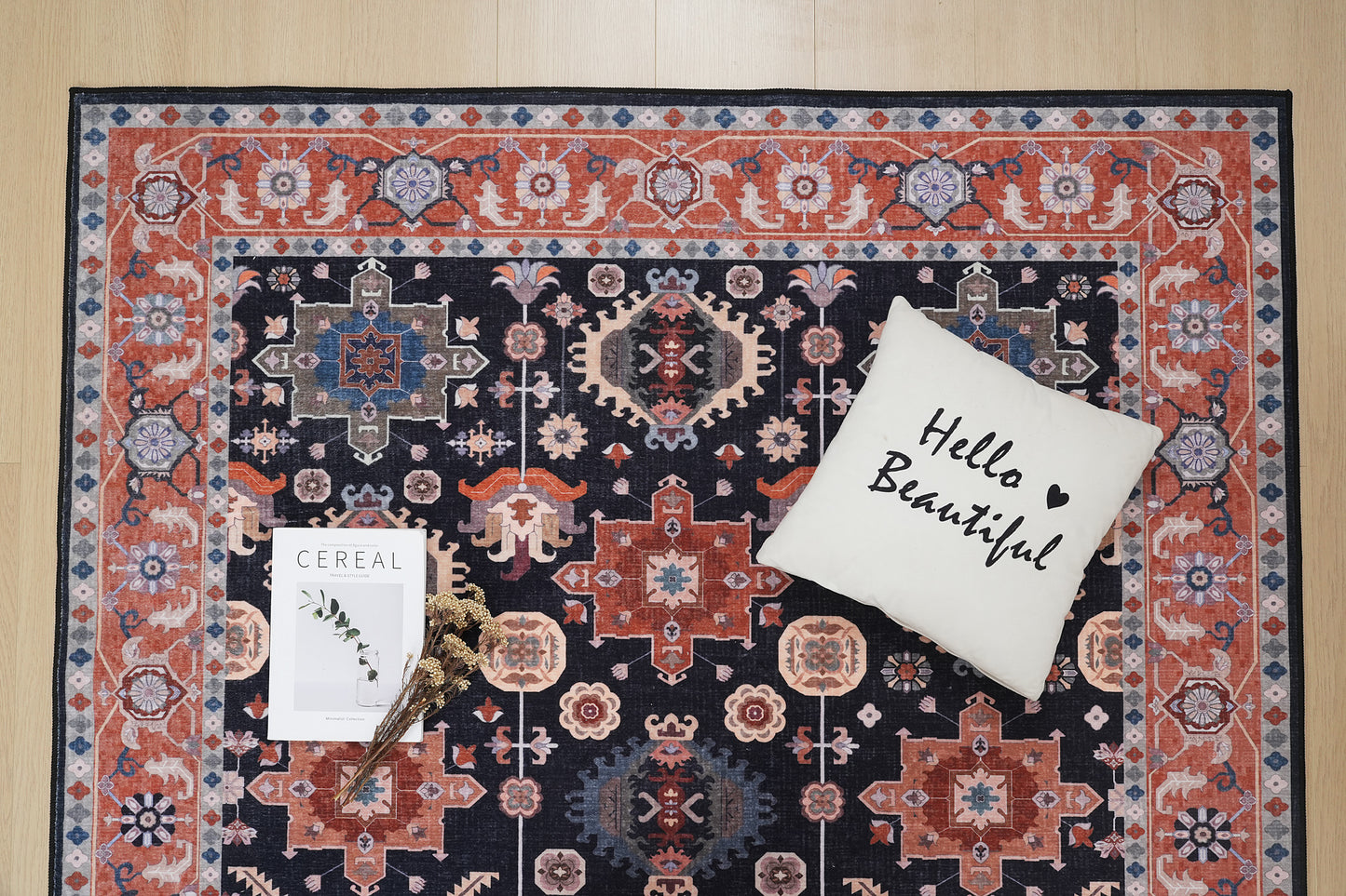 Black Orange Vintage Floral Rug