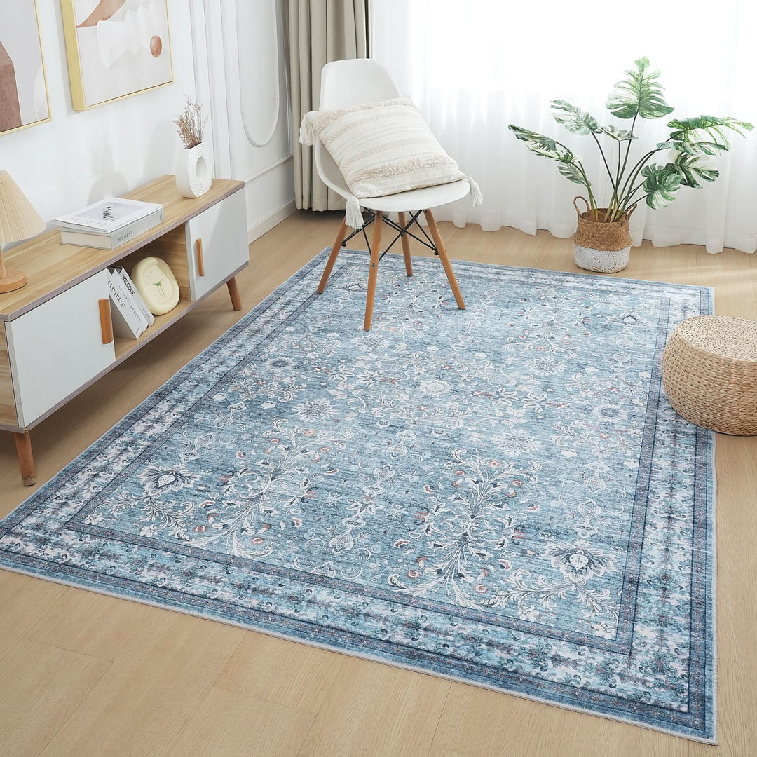 Cyan Blue Vintage Oriental Floral Rug - The Rug Market