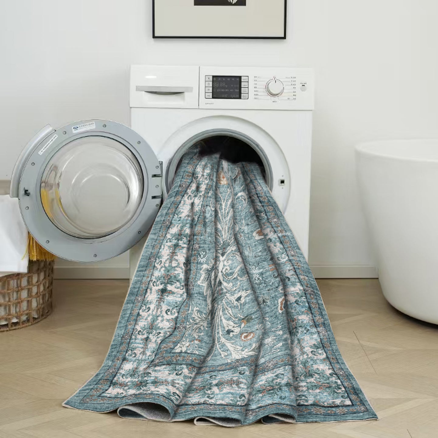 Cyan Blue Vintage Oriental Floral Rug
