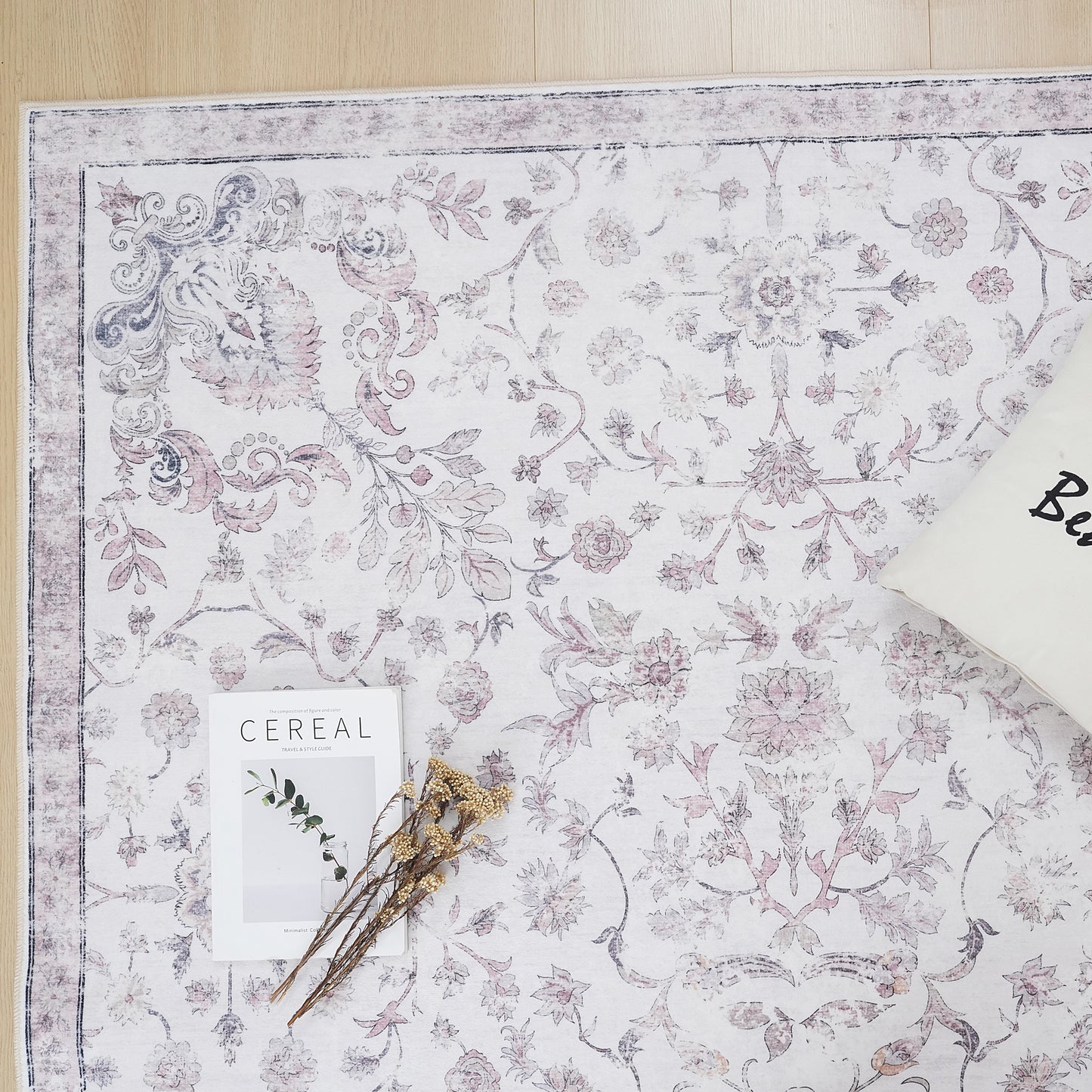 Cream Pink Vintage Oriental Floral Rug