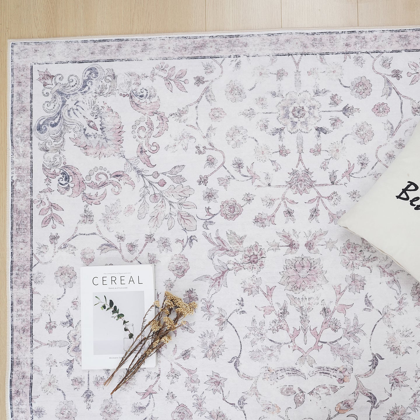 Cream Pink Vintage Oriental Floral Rug
