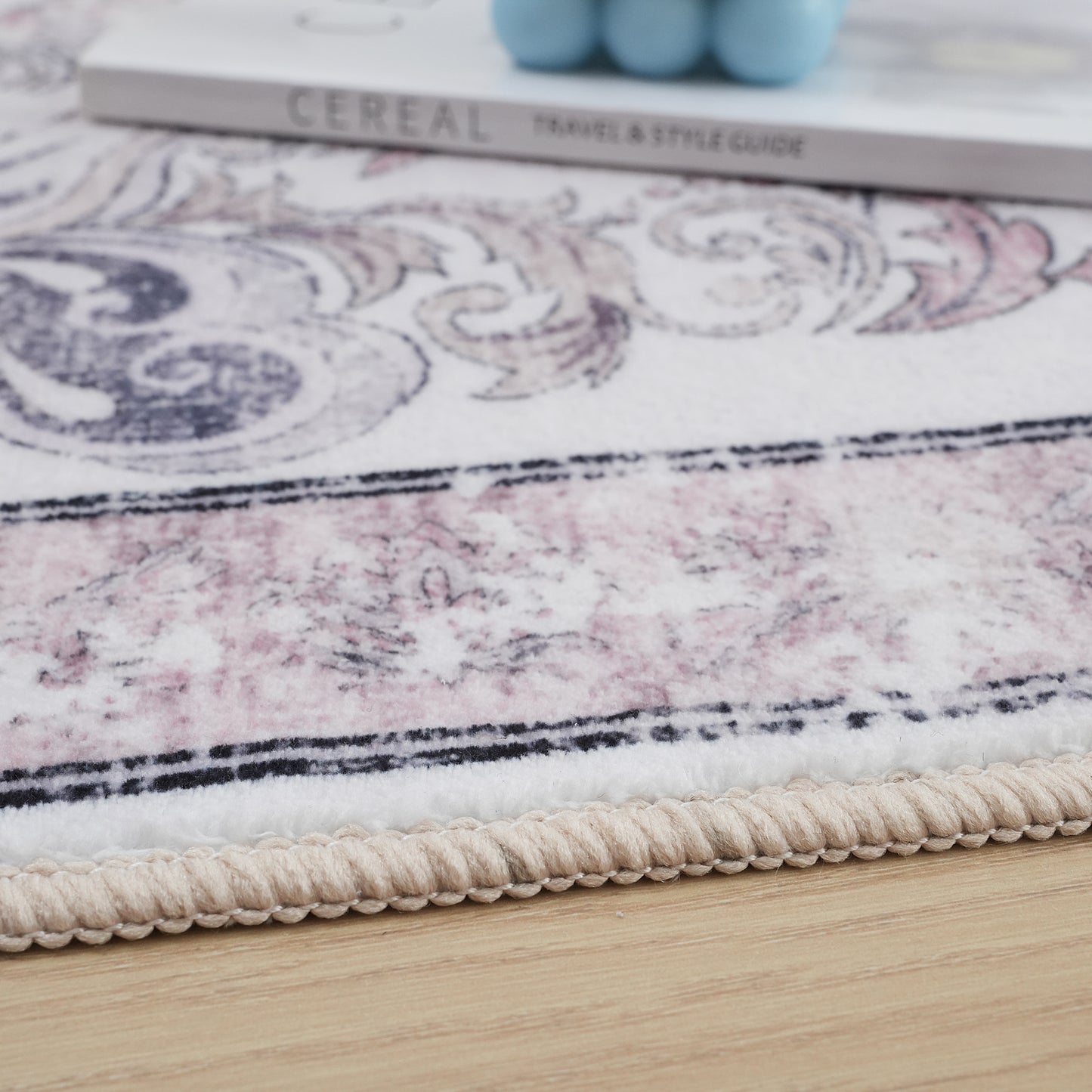 Cream Pink Vintage Oriental Floral Rug