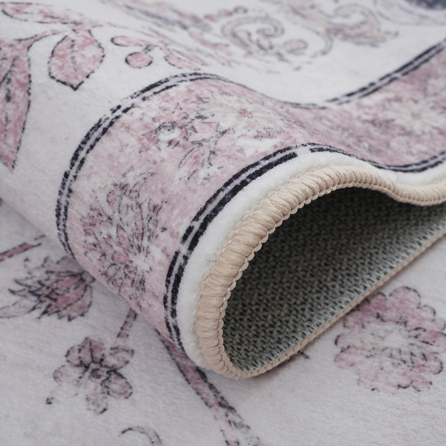 Cream Pink Vintage Oriental Floral Rug