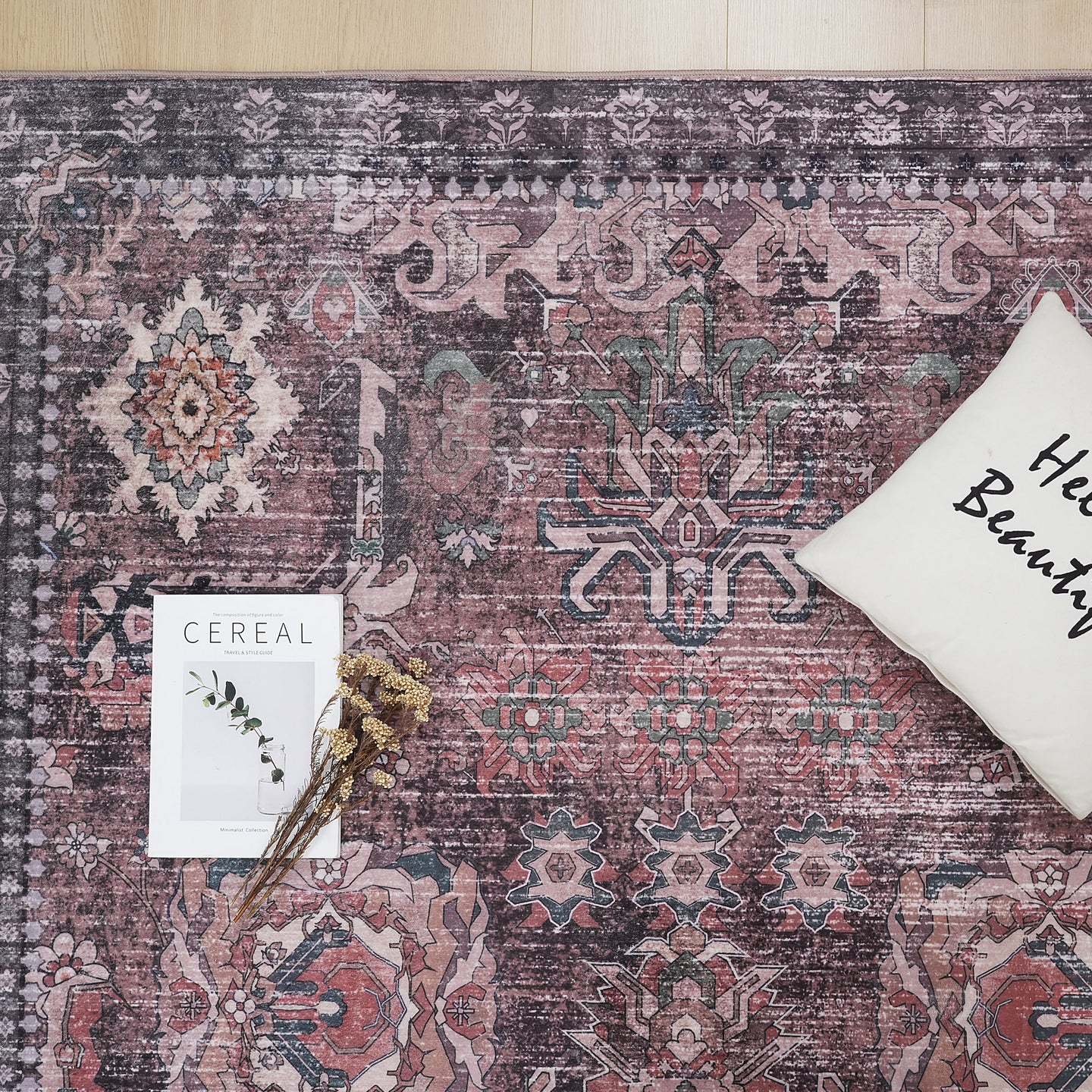 Green Brown Vintage Abstract Floral Rug