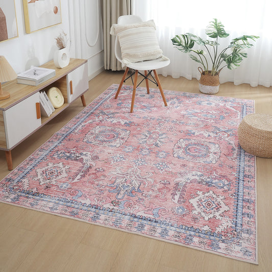 Pink Blue Vintage Abstract Floral Rug