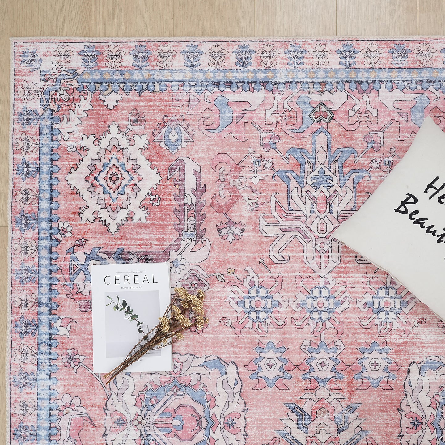 Pink Blue Vintage Abstract Floral Rug