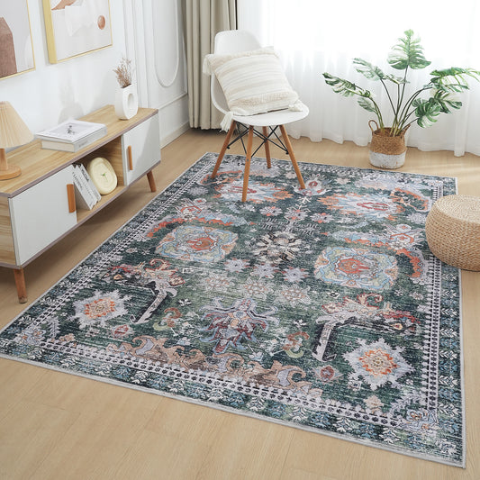 Green Orange Vintage Abstract Floral Rug