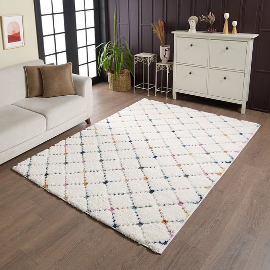 AG Home Trellis Moroccan Shag Area Rug | Off-White Multicolor Contemporary Lattice Carpet | Aesthetic Soft & Plush Indoor Modern Rug for Living Room, Bedroom, Dining Room
