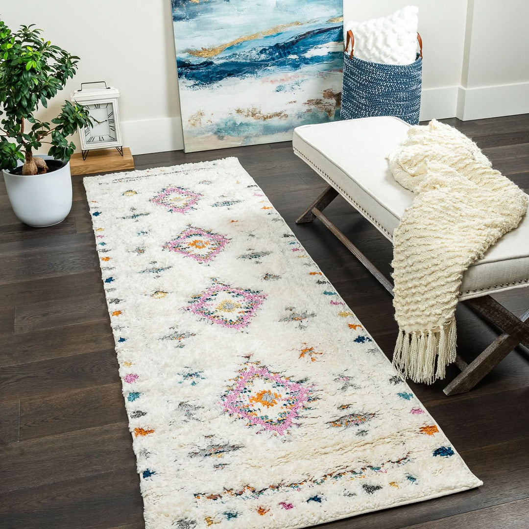 Off-White Multicolor Diamond Contemporary Shag Rug - The Rug Market