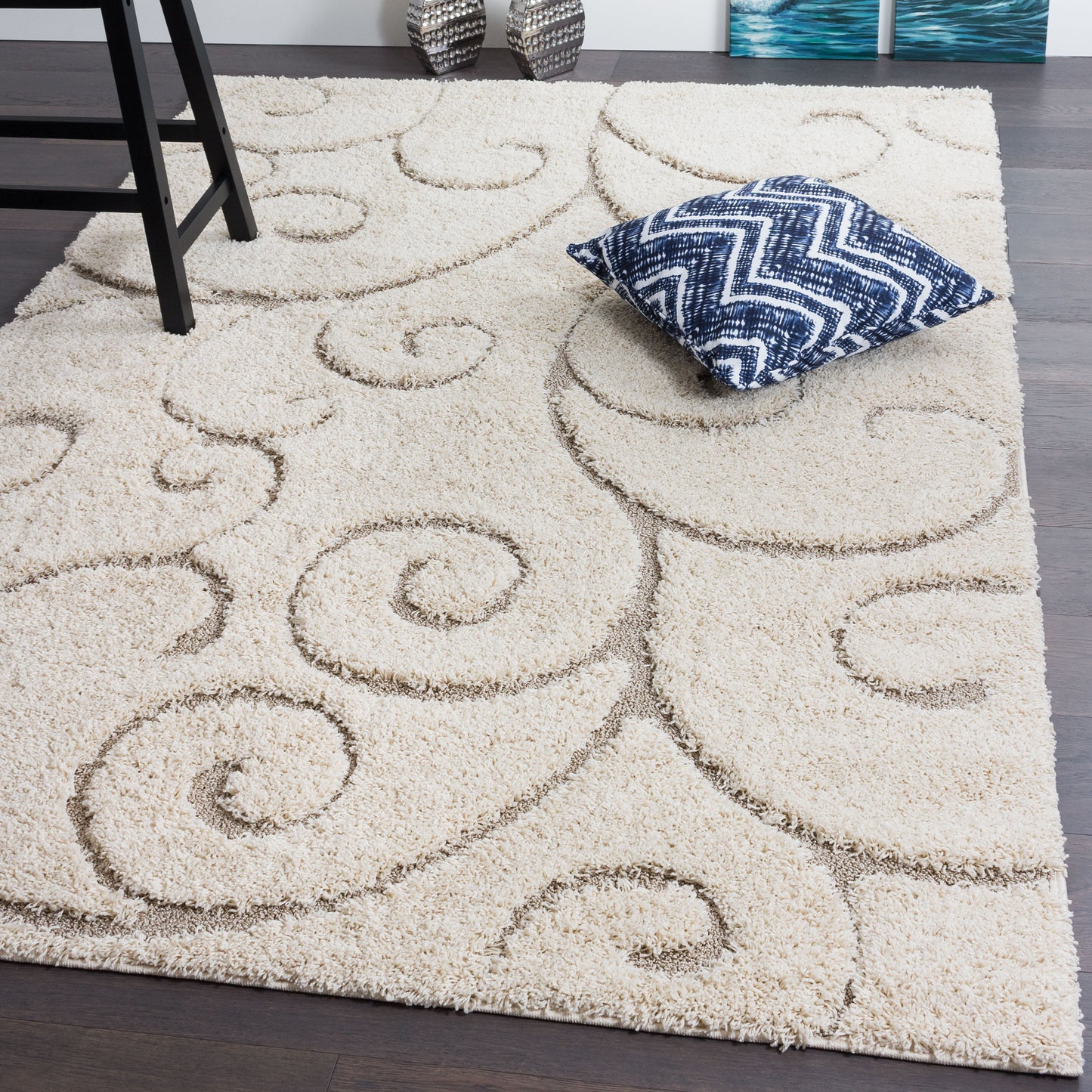 Soft and Plush Floral Curves Cream Shaggy Rug