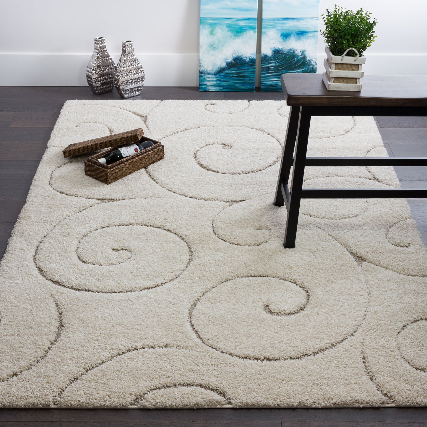 Soft and Plush Floral Cream Shaggy Rug