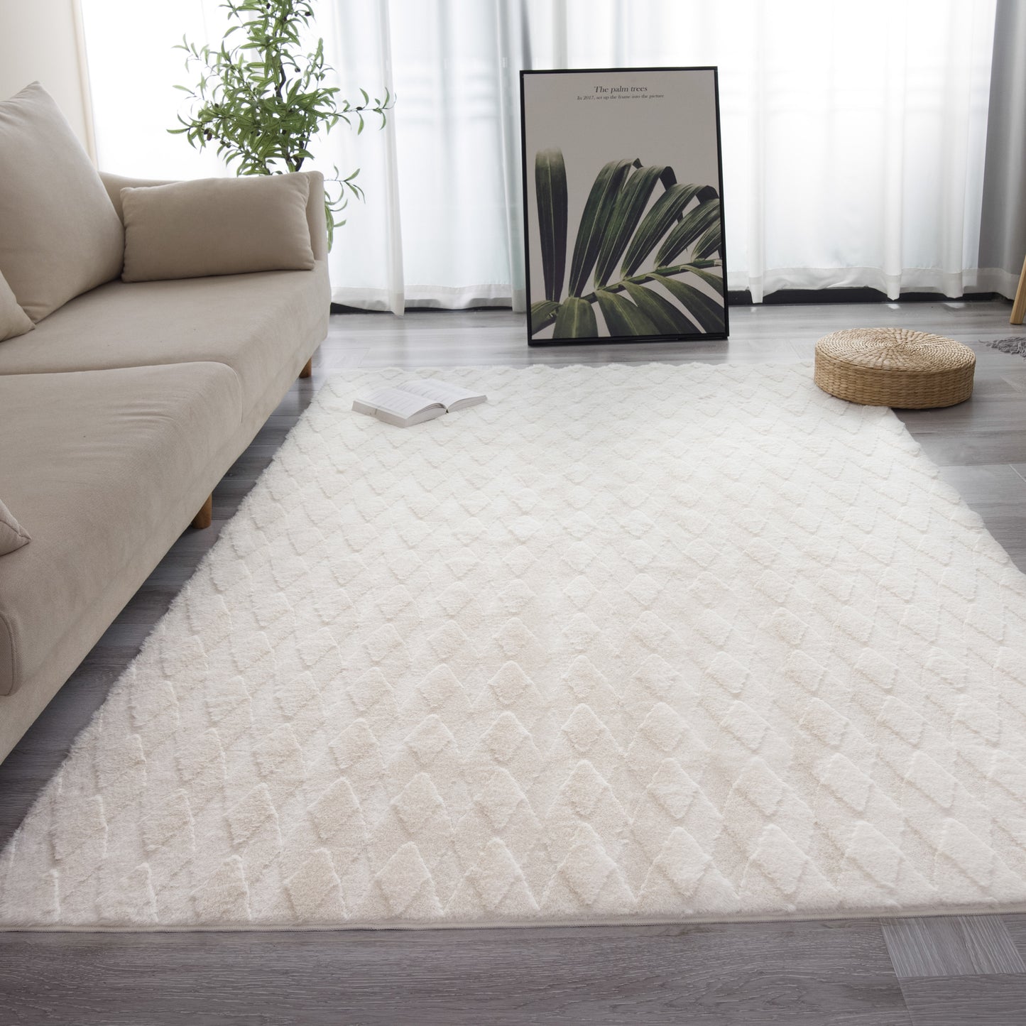 Cream Modern Diamond Geometric Shag Rug - The Rug Market