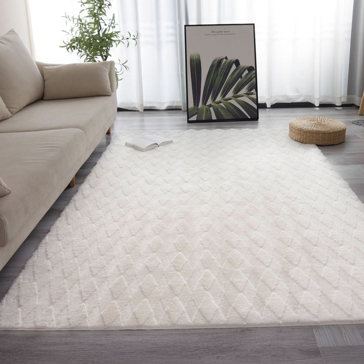 Cream Modern Diamond Geometric Shag Rug - The Rug Market