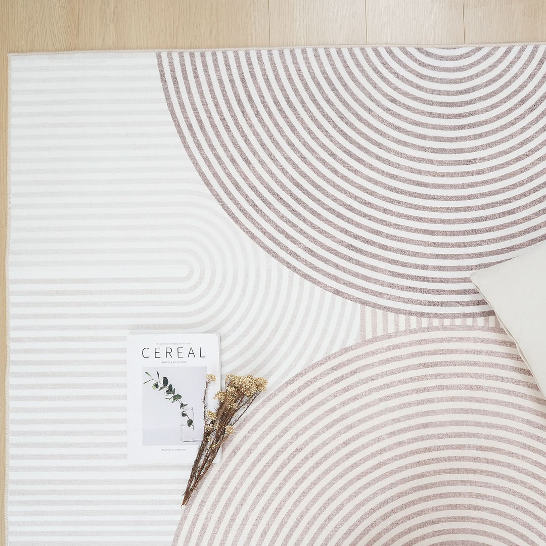 Cream Brown Modern Abstract Geometric Circles Rug - The Rug Market