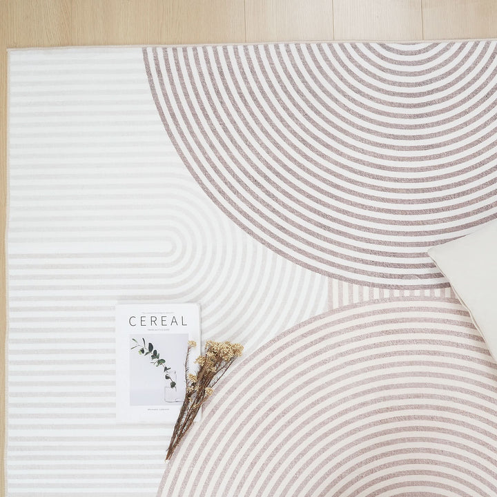 Cream Brown Modern Abstract Geometric Circles Rug - The Rug Market