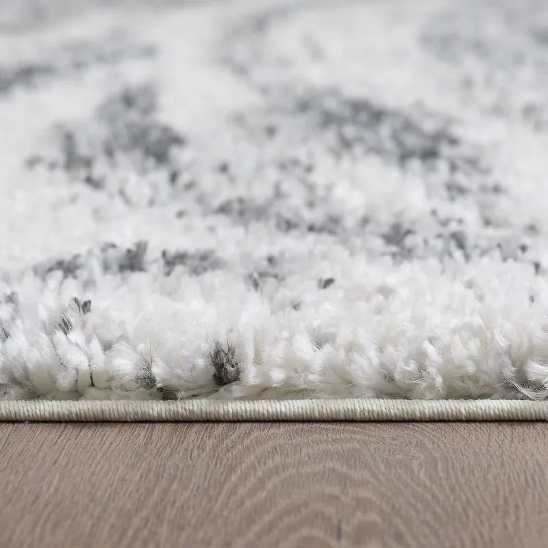 Cream Grey Wavy Brushstrokes Shag Rug