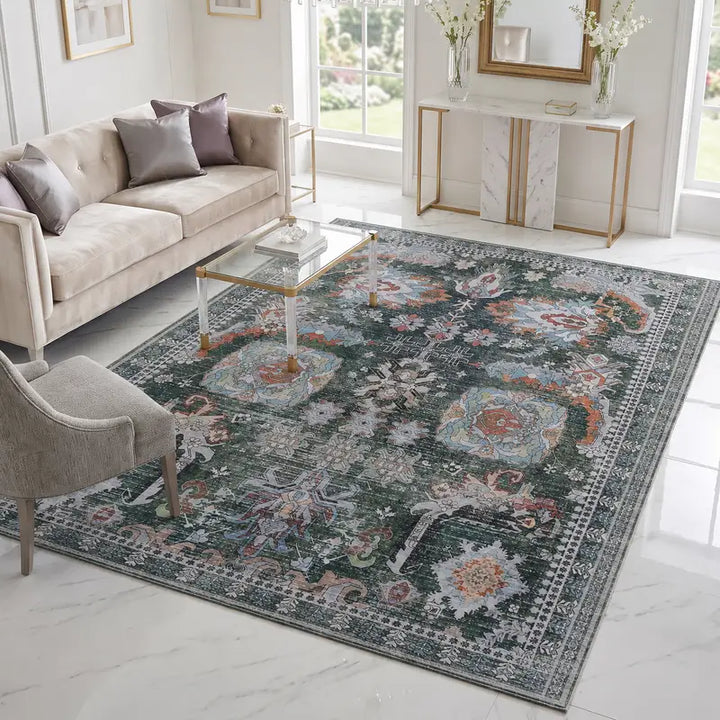 Green Orange Vintage Abstract Floral Rug