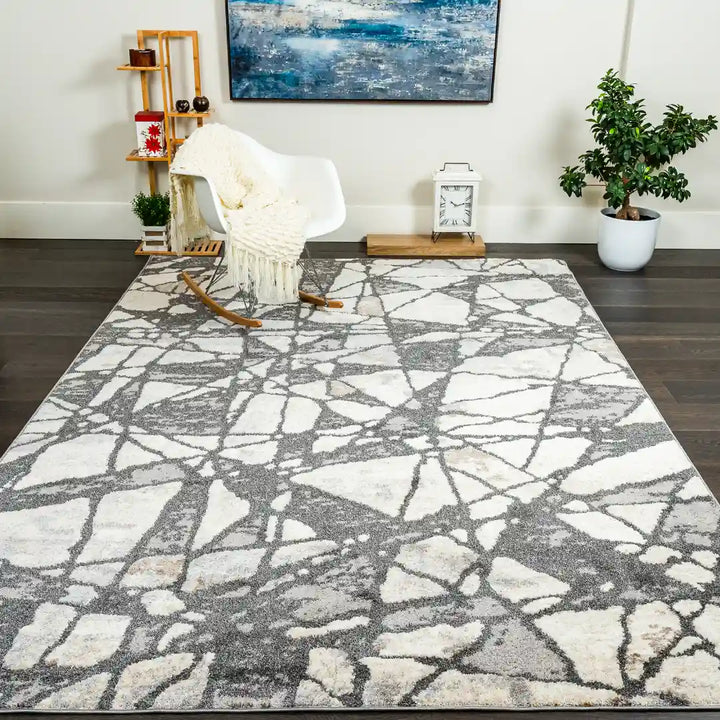 Off-White Grey Modern Geometric Abstract Rug