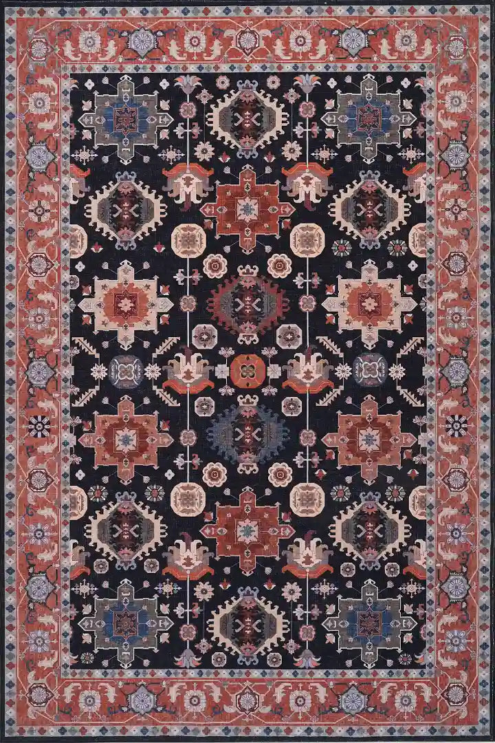 Black Orange Vintage Floral Rug