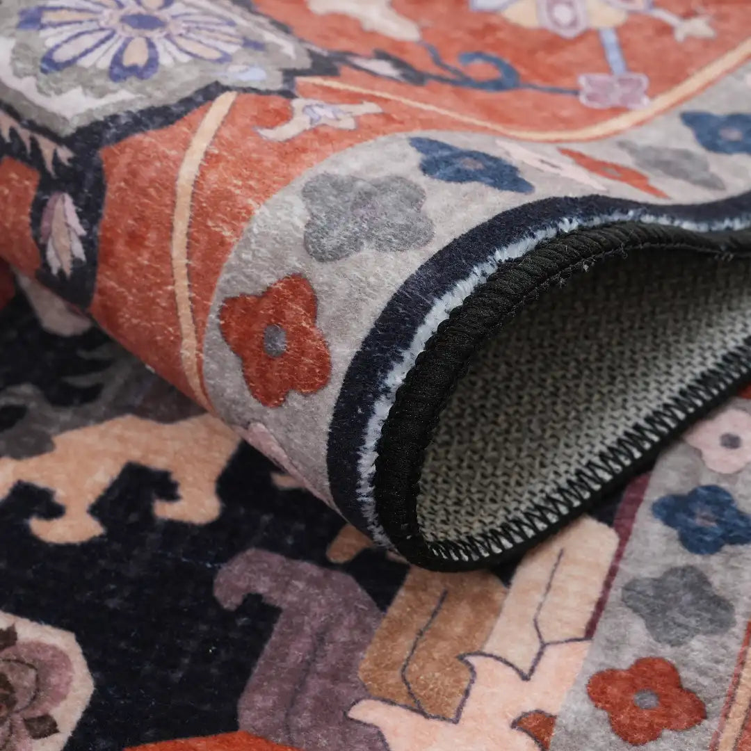 Black Orange Vintage Floral Rug