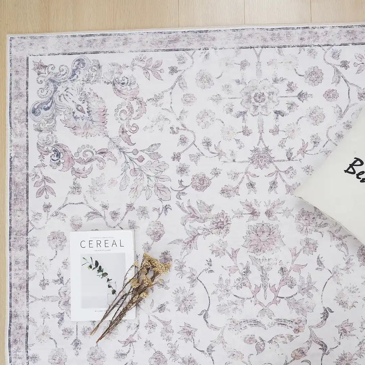 Cream Pink Vintage Oriental Floral Rug