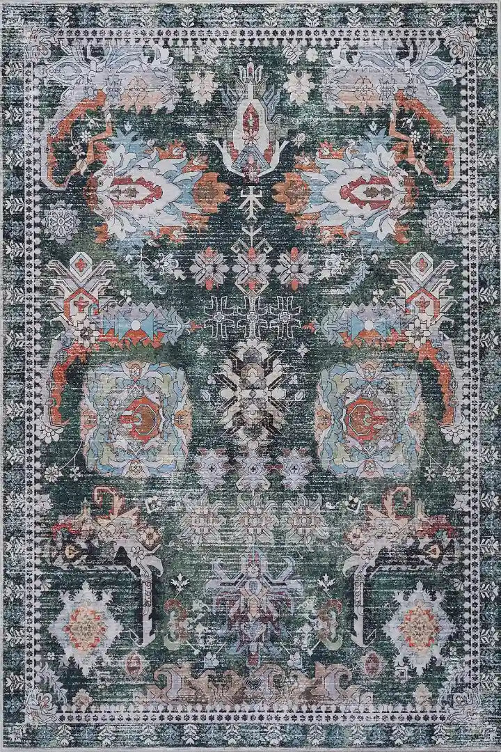 Green Orange Vintage Abstract Floral Rug