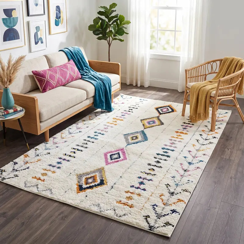 Off-White Multicolor Diamond Motif Contemporary Rug