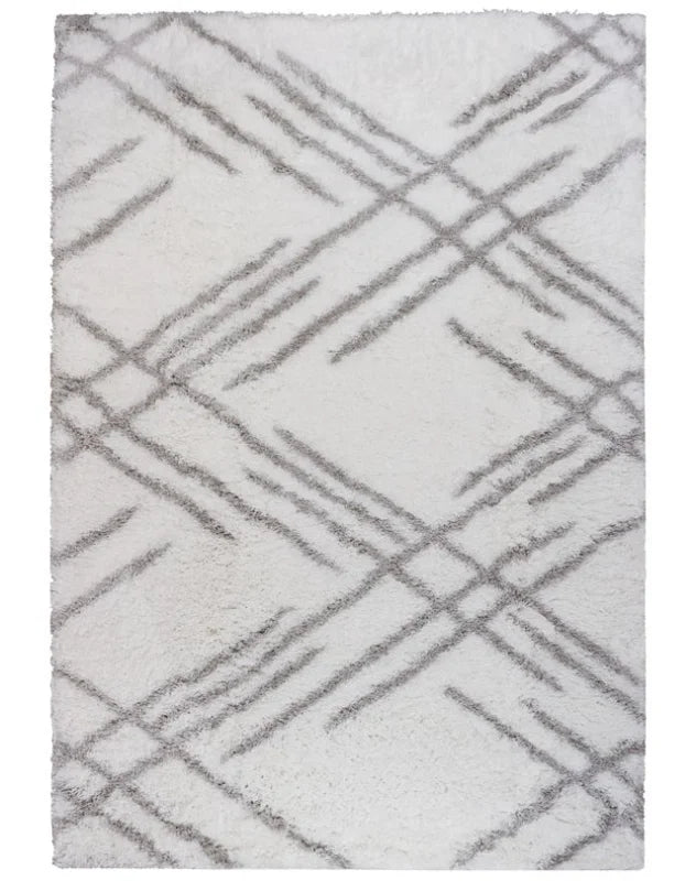 White Grey Lattice Lines Moroccan Shag Rug